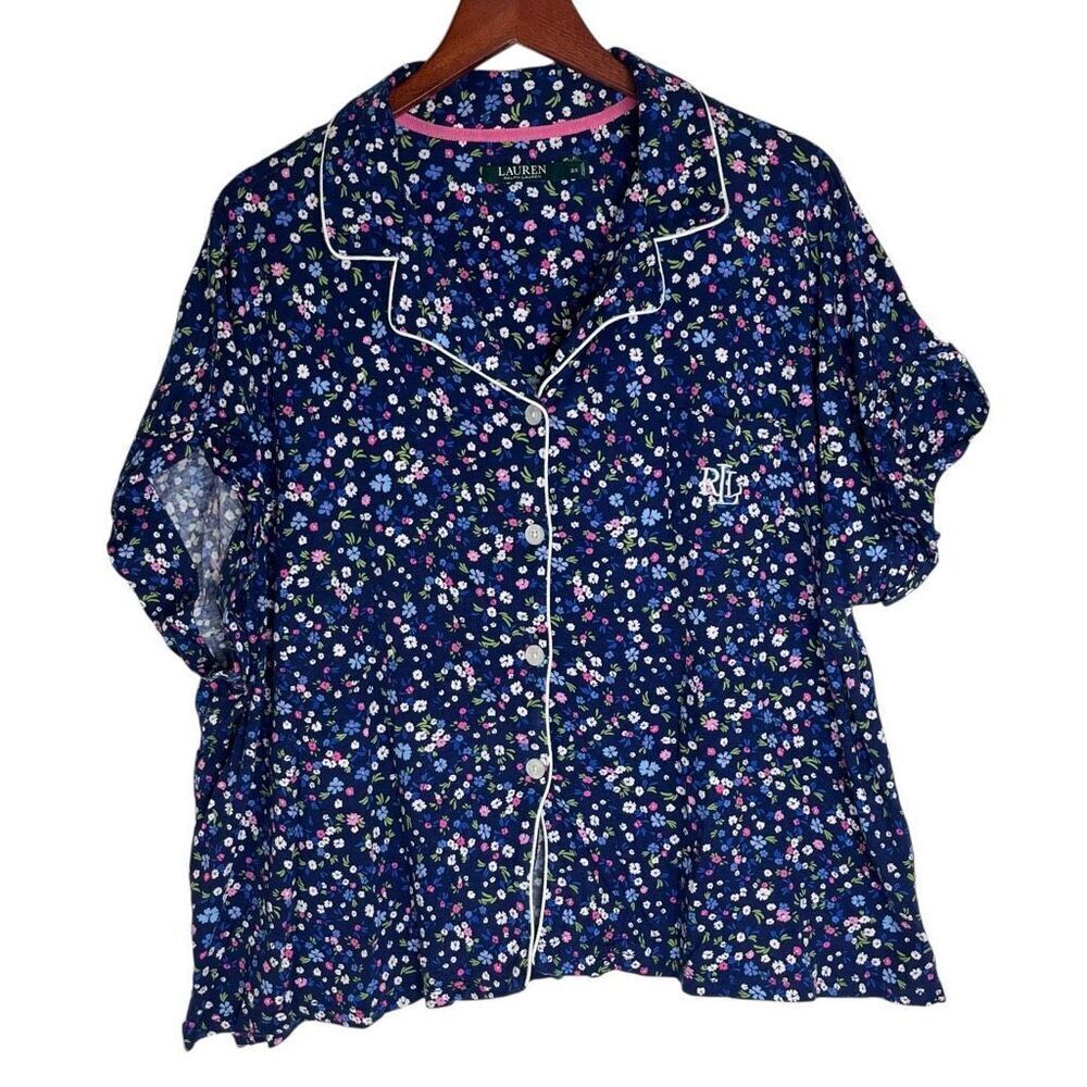 Lauren Ralph Lauren Womens Floral Button Up Short Sleeve Pajama Top Blue Size 3X